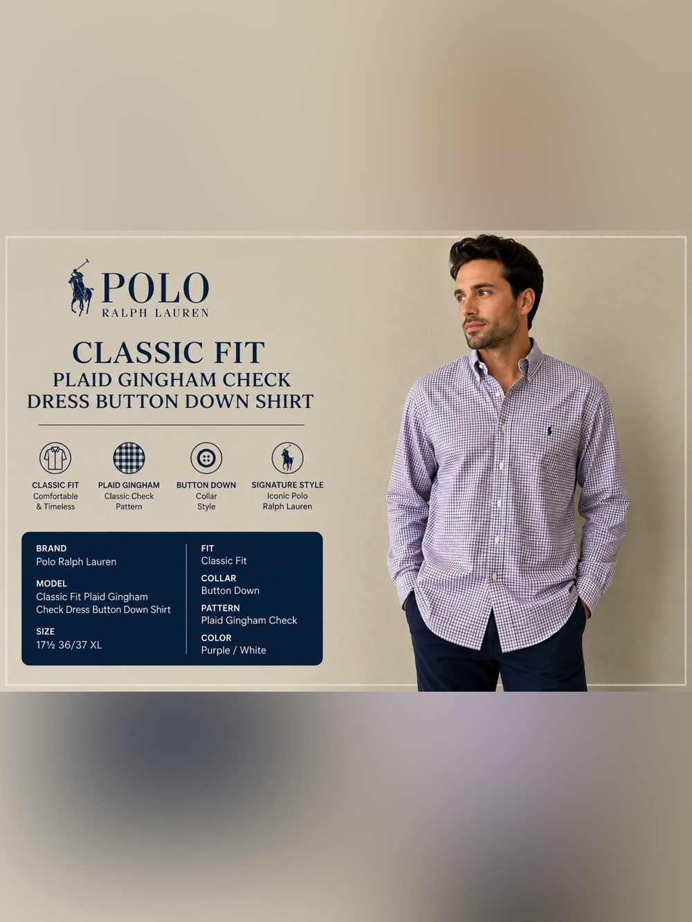 Polo Ralph Lauren Classic Fit Plaid Gingham Check  Button Down Shirt Men 17 1/2